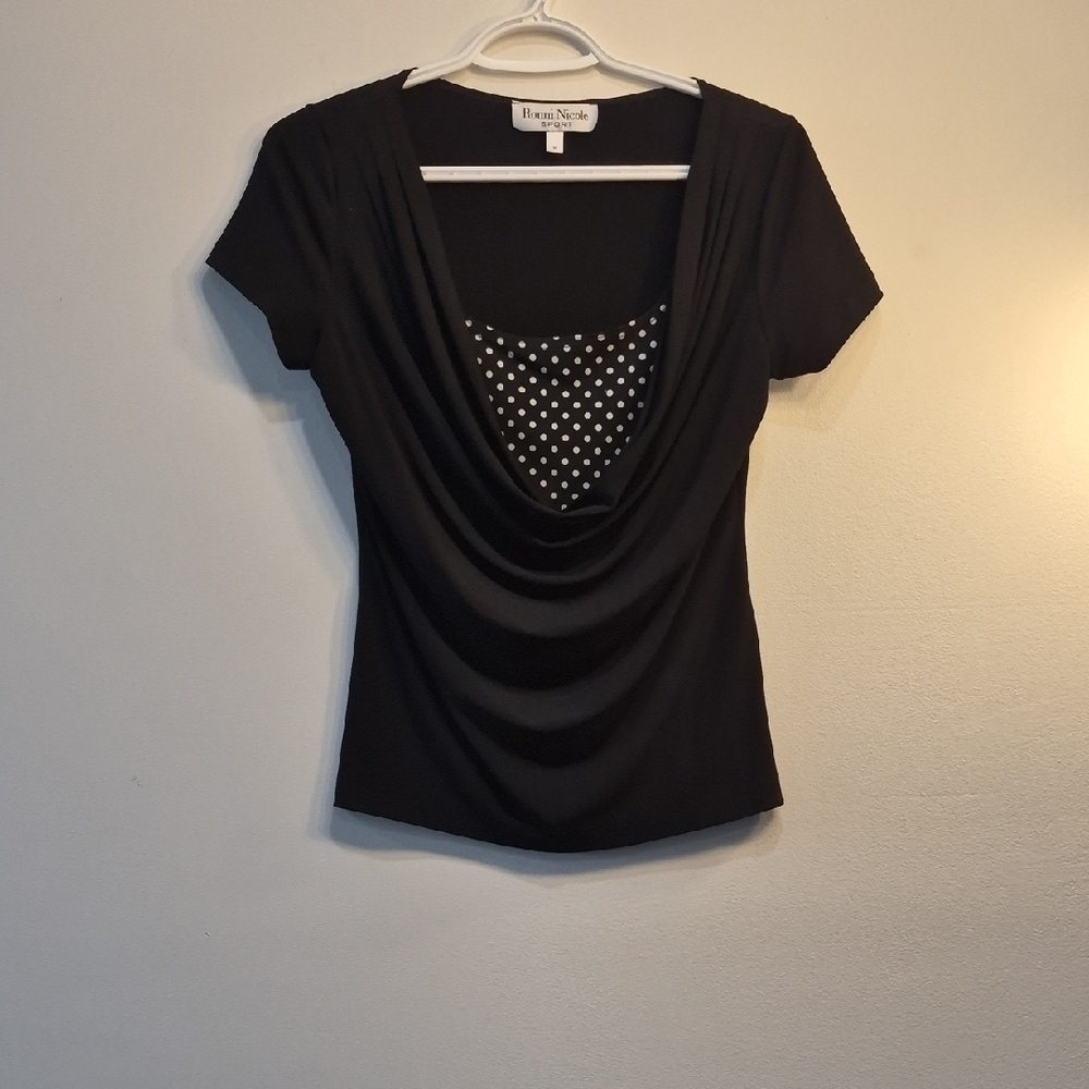 Ronni Nicole Black Draped Cowl Neck Top with Polka Dot Inset